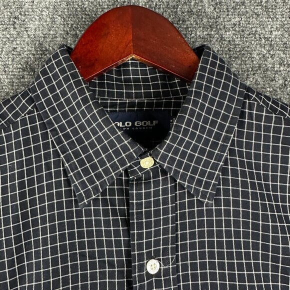 Polo Golf Shirt Mens Medium Lofting Button Up Navy Blue White Cotton Long Sleeve - Picture 2 of 8